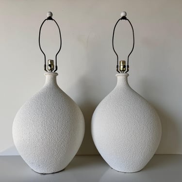 70’s Mid-Century Modern White Textured Ceramic Table Lamps - A Pair 