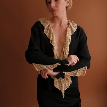 Vintage 20s Black Blouse with Ecru Lace Trim and Wrap Tie 