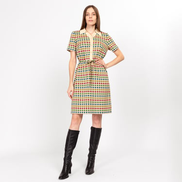 Medium 70s Primary Color Grid Knit Shirtdress | Vintage Short Sleeve Belted Collared A Line Mini Dress 