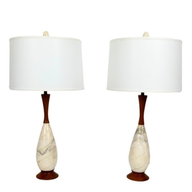 Pair of Marble And Walnut Lamps