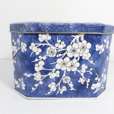 Vintage Daher Blue White Cherry Blossom Floral Tin Box - Made in England Designed by Daher Long Island NY 