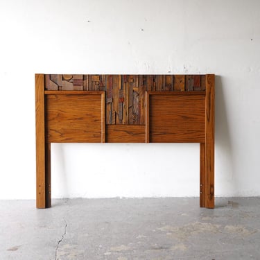 Paul Evans Style Lane Pueblo Brutalist Mid-Century Walnut Queen Headboard 