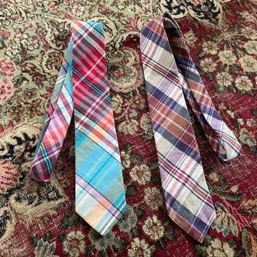 Lot of 2 vintage ‘80s Lord & Taylor plaid madras neckties, all cotton, preppy summer necktie 