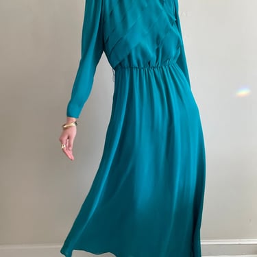 vintage chiffon sheer cocktail wedding guest maxi dress | aqua teal long sleeve sheer maxi dress | Medium