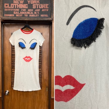 Vintage 1960’s Pop Art Eyelash Mod Face Terry Glamour Dress, Vintage Terry Cloth, Pop Art, 1960s Dress, Mod, Novelty, Makeup, Eyelash, 