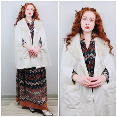 1960s Vintage Cream Polyester Knit Cape / 60s / Sixties Mod Faux Fur Collar Shawl / One Size 