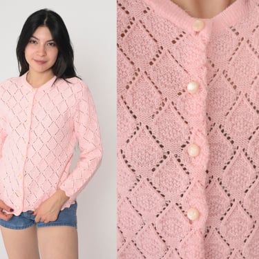 Baby Pink Cardigan 70s Pointelle Knit Button Up Sweater Semi-Sheer Open Weave Pastel Retro Spring Grandma Acrylic Boho Vintage 1970s Small S 