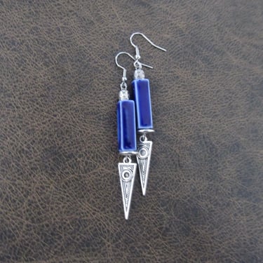 Bohemian earrings, etched silver and ceramic earrings, blue 