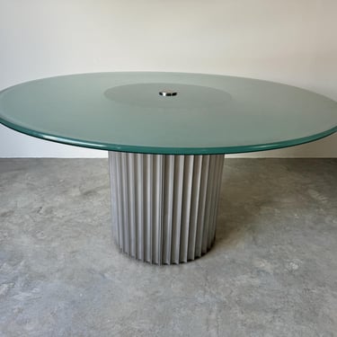 1980's Italian Postmodern Luigi Saccardo- Style  Brushed Steel And Glass Top Round Dining Table 