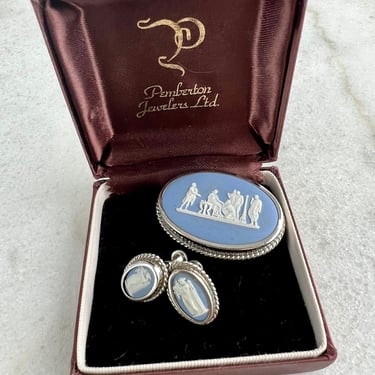 Vintage Wedgwood Silver Broach and Earring, two piece jewelry set, 1960s Jasperware and FAW Sterling silver, for vintage fashion, gift 