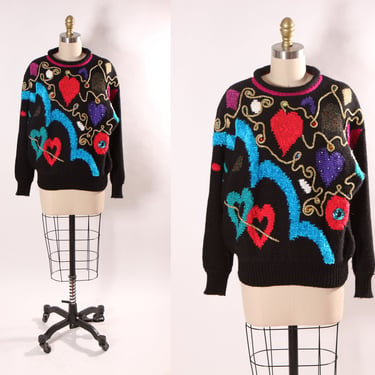 1980s Black, Pink, Blue and Gold Abstract Geometric Heart Knit Pullover Sweater by Jaclyn Smith -L 