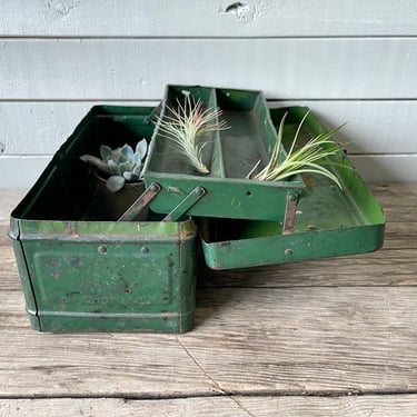 Antique Green Metal Toolbox Tool Box Tackle Box Money Box Industrial 