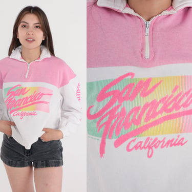 San Francisco Sweatshirt 80s Pink White Quarter Zip Shirt California Graphic Shirt Pullover Sweater Tourist Color Block Vintage 1980s Medium 