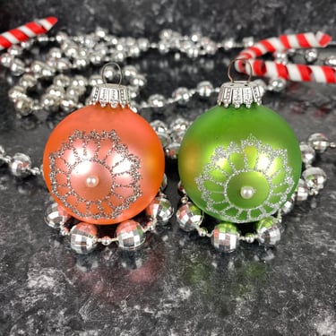 Vintage West German Glass Christmas Tree Ornaments, Shiny Pink and Green Decorated w/Glitter Florals, Vintage Luxury Metallic Holiday Decor 