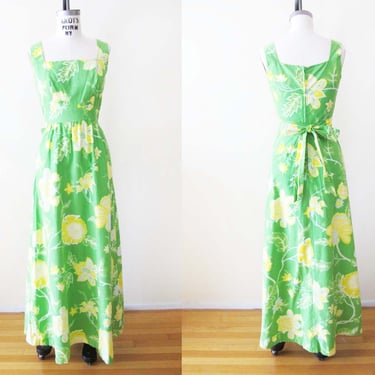 Vintage 60s Green Yellow Floral Maxi Dress XS S - 1960s Sleeveless Square Neck Long Cotton Summer Sundress -  Bohemian Hippie Style 