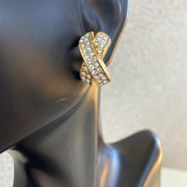 Vintage elegant Gold tone clear rhinestones X style earrings pierced 3/4” x 1/4” 