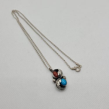 Turquoise & Coral Sterling Silver Pendant on a Sterling Silver Chain 