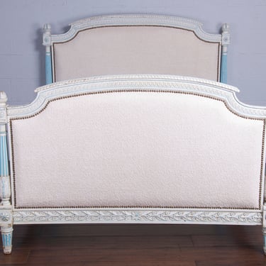 Antique French Parisian Louis XVI Style Painted Fullsize Bedframe W/ Off-White Boucle 