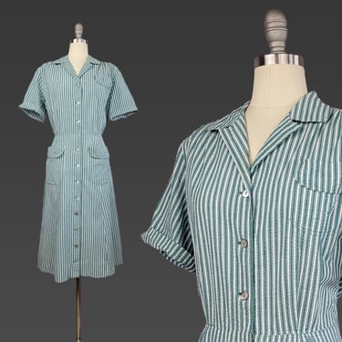 1940s Dress / 1940s House Dress / American Golfer Dress / Shirtwaist Dress / Seersucker Dress / Size Large 