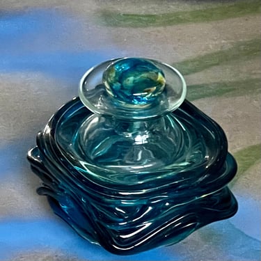 Vintage Mid Century Modern Micheal Harris MDINA Blue Square Swirl Art Glass 