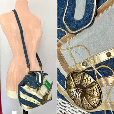 Metallic and Denim Purse, Metal Studs, Deadstock, Brutalist Appliqué, Handbag, Crossbody Strap, Original Tags, Vintage 