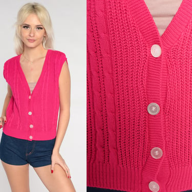 Fuchsia Sweater Vest 80s Pink Button Up Cable Knit Tank Top Retro V Neck Sleeveless Sweater Knitwear Vintage 1980s Acrylic Small Medium 