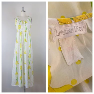 Vintage 1970s Christian Dior floral cotton nightgown, slip dress, lingerie 