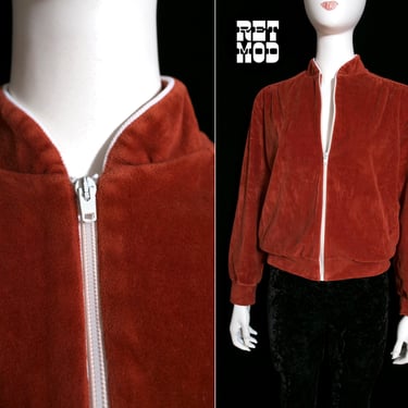 Cozy Vintage 70s 80s Rust Colored Plush Velour Track Jacket 