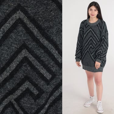 Geometric Sweater 80s Grey Knit Pullover Grunge Slouchy Jacquard Crewneck 1980s Statement Knit Vintage Knitwear Men's Extra Large xl Tall 