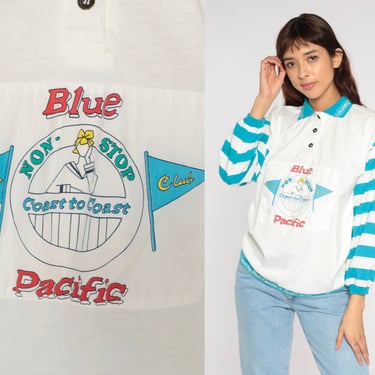 Blue Pacific Shirt 90s Nautical Long Sleeve Polo White Blue Striped Sailor Cruise Ship Collared Travel Sailing Retro Vintage 1990s Small S 