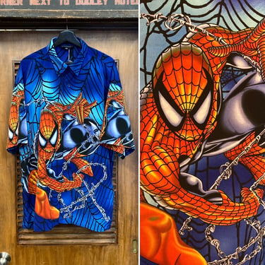 Vintage 2000’s Dated 2001 Spider-Man Marvel All Over Print AOP Hawaiian Shirt, Size XXL 2XL, Y2K Superhero, Vintage Clothing 