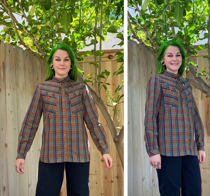 Vintage 1980’s Brown and Teal Plaid Blouse 