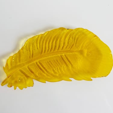 Vetri Di Nennella Yellow Glass Feather Plate Trinket Dish Italy Vintage 