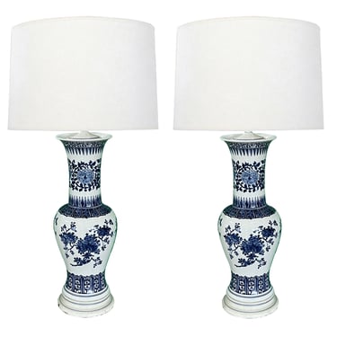 Pair of 1920s Chinese Blue and White Vase Lamps