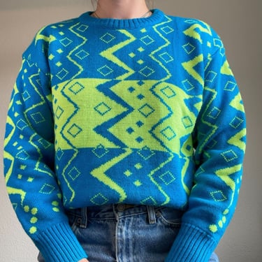 Vintage 80s Unisex Neon Blue Green Geometric Wool Blend Ski Crewneck Sweater 
