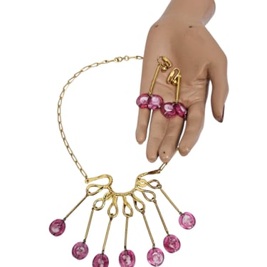 1960s Pink Art Glass Candy Lozenges Shaped Dangle Fringe Necklace and Clip On Earrings I Set I Demi Parure 