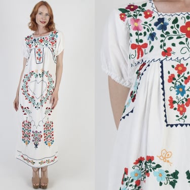 Traditional Mexican Womens Hand Embroidered White Cotton Heart Dress 