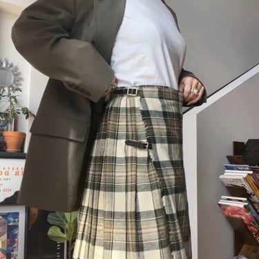 VTG 70s Green/Cream Plaid Aston Wool Kilt Skirt 