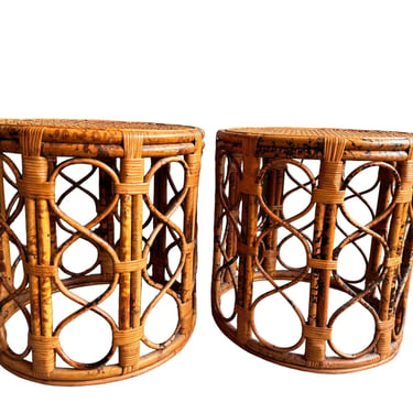 Vintage Tortoise Shell Bamboo and Cane Side Tables (2 Available and Sold Separately) 