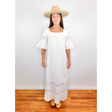 Pin Tuck Crochet Dress // vintage sun Mexican 1970s 70s boho hippie cotton hippy maxi wedding white Oaxacan // S Small 
