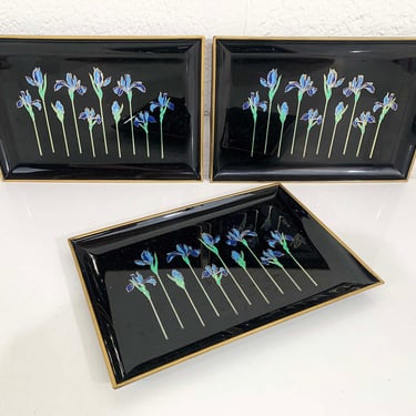 Vintage Blue Iris Trays Otagiri Japan Black Lacquerware Plastic Flower Floral Melamine Stacking Set of 3 Tray Boho 1980s 