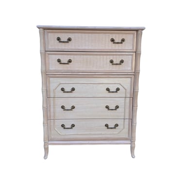 Vintage Faux Bamboo Tallboy Dresser Chest with 5 Drawers by Broyhill - White Wash Hollywood Regency Palm Beach Coastal Furniture 