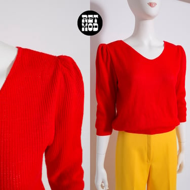 Vintage 60s 70s Bright Red Knit Top with Puff Sleeves 