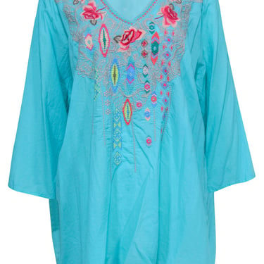 Johnny Was - Teal Cotton Tunic w/ Pink &amp; Grey Floral Embroidery Sz 2X