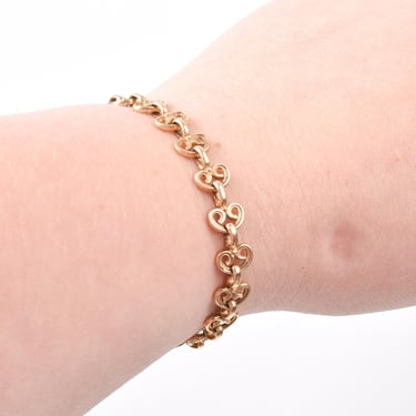 14K Gold Victorian Heart Link Bracelet, Vintage Pretzel Link Gold Bracelet, 6 3/4 Length 