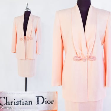 1990s Peach Crepe Skirt Suit | 90s Pale Pink Wool Suit | Christian Dior Size 4 | Medium 