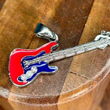 Blue Red Enamel Guitar Pendant Chrome Vintage Retro Jewelry Rhinestones 