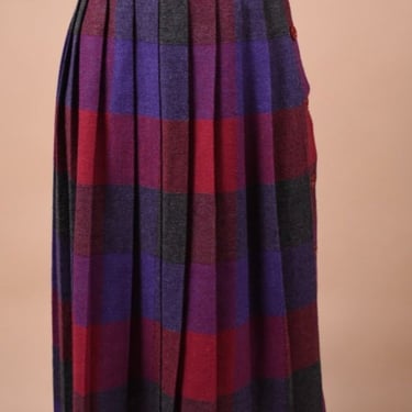 Purple and Red Plaid Pleated Wool Skirt, S