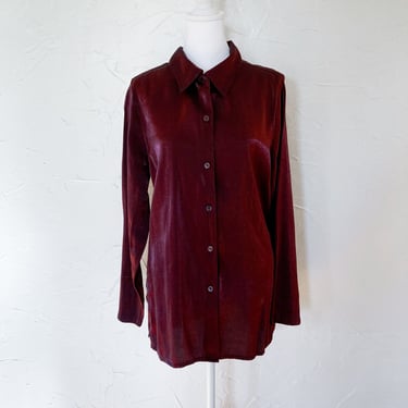 90s Iridescent Burgundy Red Metallic Shiny Button Up Blouse | Large 