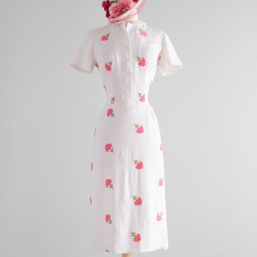 Darling Late 1950's Embroidered White Linen Dress With Pink Carnations / M